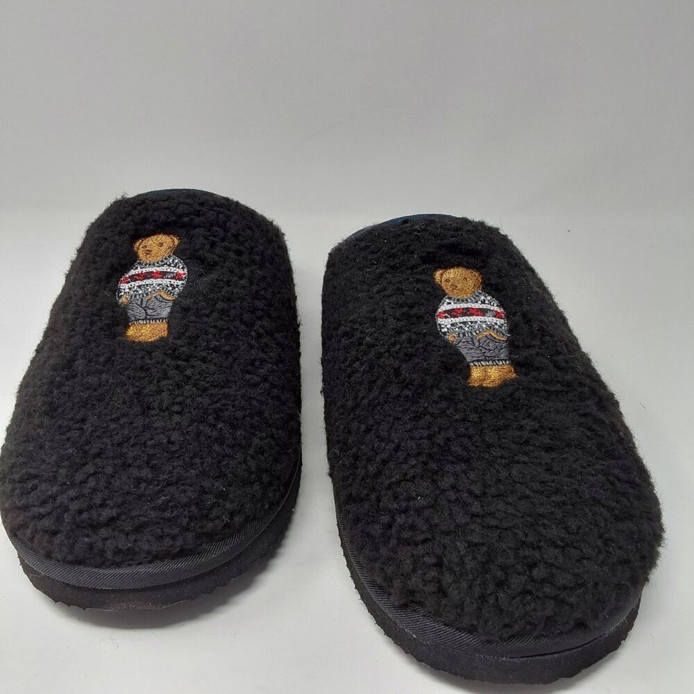 Polo Ralph Lauren Womens 10 Polo Bear Black Sherpa Memory Foam Slippers NIB